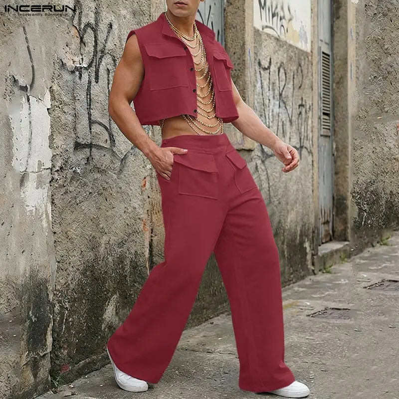 Men'S Fashion Loose Pants - INCERUN Men Sets Solid Sleeveless Crop