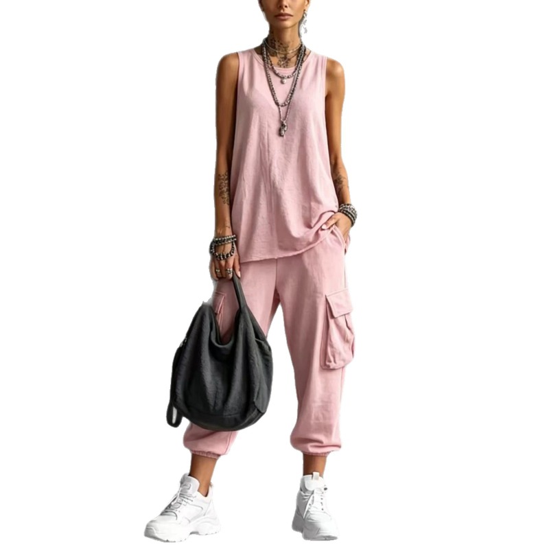 Cargo Jogger Pants - Women Solid Sleeveless Round Neck Knit