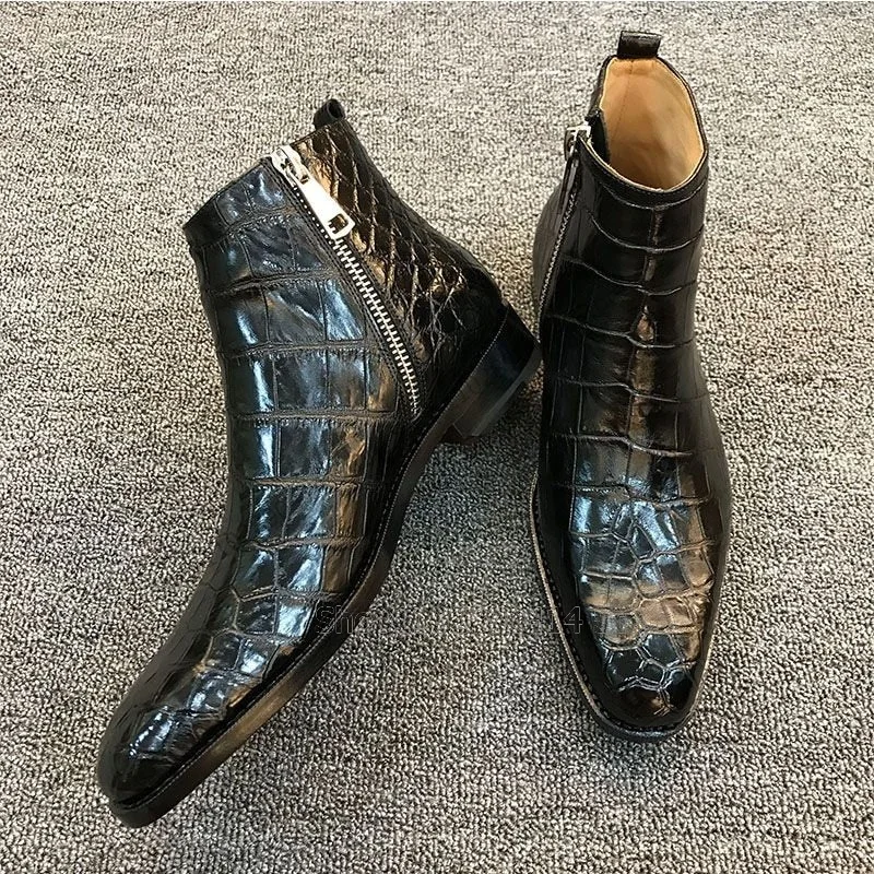 Mens Fashion Dress Shoes - Black Brown Crocodile Print Square Toe