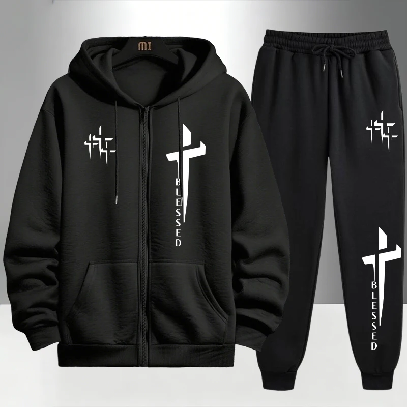 Cross Blessed Print Tracksuit  - Men'S Fashion Zipper Hoodie recension och pris