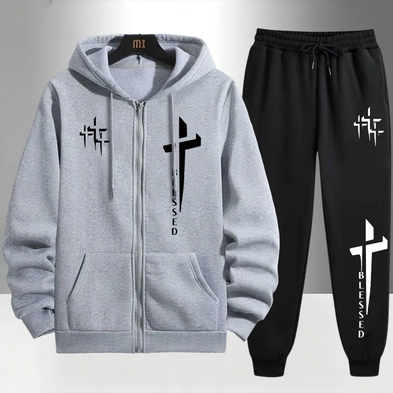 Cross Blessed Print Tracksuit  - Men'S Fashion Zipper Hoodie recension och pris